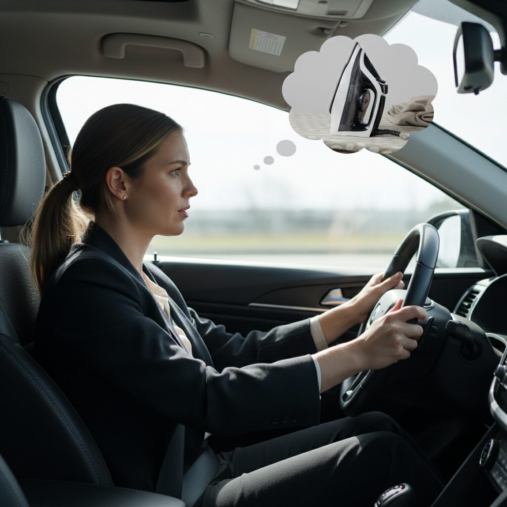 Woman driving to work thinking about whether she left the iron on.